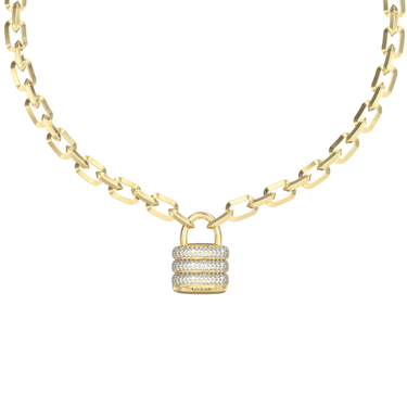 Gold chain necklace with a lock-shaped pendant on a white background