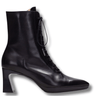 Black leather ankle boot with a block heel on a white background