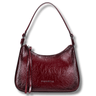 Burgundy handbag with a strap on a white background