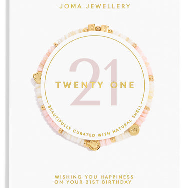 Joma Jewellery birthday card with a bracelet design and '21 Twenty One' text on a white background.