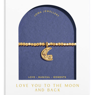 Gold bracelet with moon charm on a Joma Jewellery card