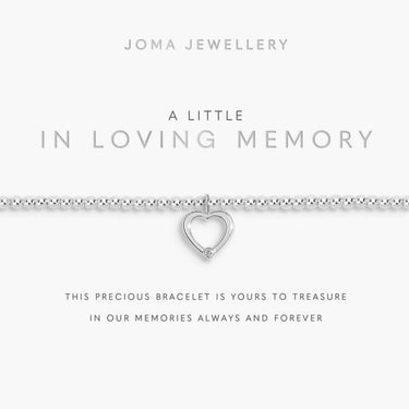 Silver bracelet with heart charm on a Joma Jewellery card.