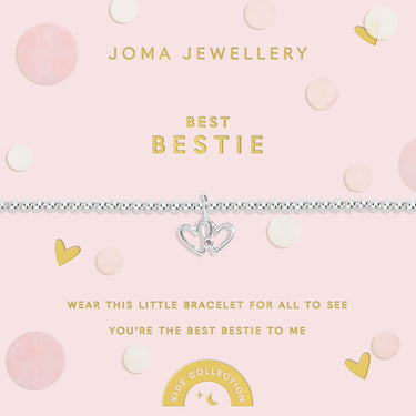 Joma Jewellery 'Best Bestie' bracelet packaging with pink background and heart designs.