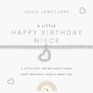 Silver heart-shaped bracelet on a Joma Jewellery card for a birthday niece.