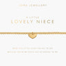 Gold heart bracelet on a Joma Jewellery card with text.