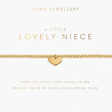 Gold heart bracelet on a Joma Jewellery card with text.