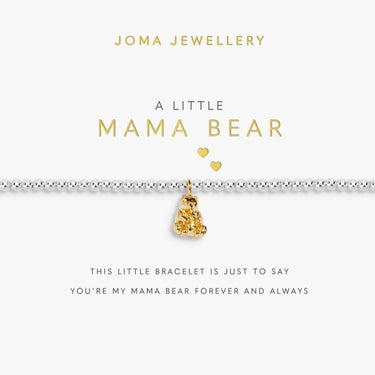 Joma Jewellery 'A Little Mama Bear' bracelet on a white card with gold bear charm.
