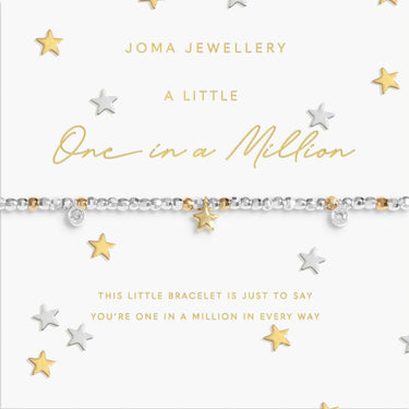 Joma Jewellery bracelet with star design on a white card with gold and silver stars.