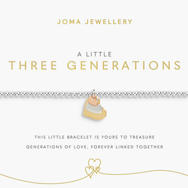 Joma Jewellery 'Three Generations' bracelet on a white card with gold heart charm