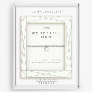 Joma Jewellery bracelet packaging with 'A Little Wonderful Mum' text on a white background