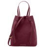 Maroon handbag with drawstring closure on a white background