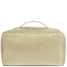 Beige cosmetic bag with handle on a white background