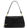 Black woven handbag with gold accents on a white background
