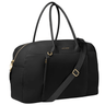 Black handbag with gold accents on a white background