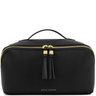 Black leather bag with gold zipper and tassels on a white background