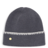 Gray knit beanie with a gold button on a white background