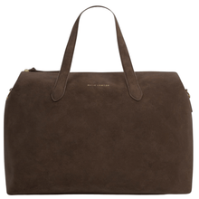 Brown leather bag with visible brand name on a white background