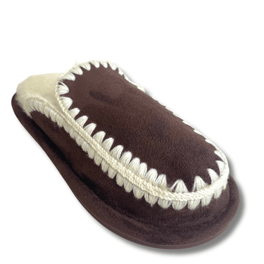 Brown slipper with white trim on a white background