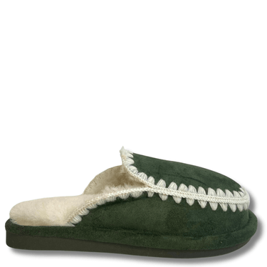 Green slipper with white fur trim on a white background