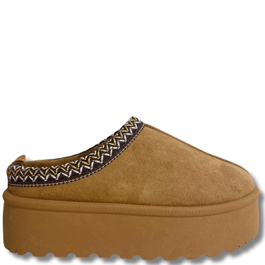 Brown slipper with platform sole on a white background