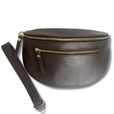 ladies leather brown bag with gold zip