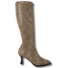 Tan knee-high boot with snake print on a white background