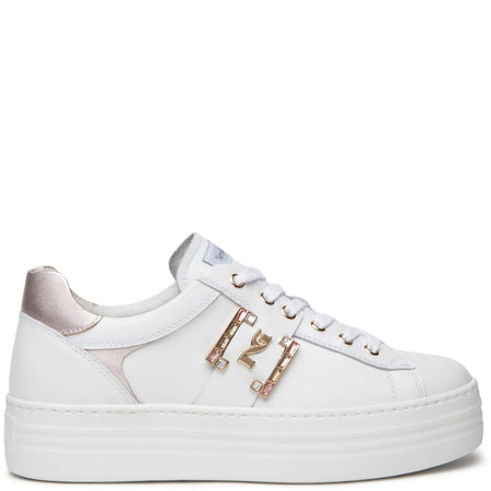 NeroGiardini White Leather Pink Sparkly Logo Sneakers