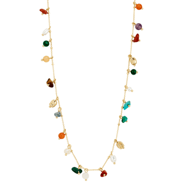 Multicolored beaded necklace on a white background