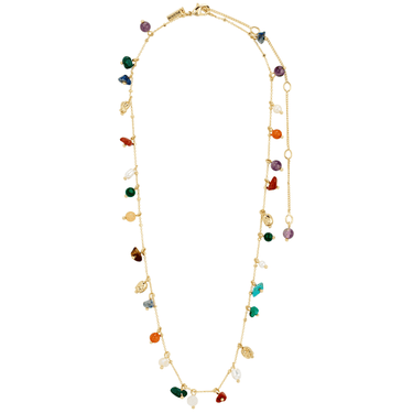 Multicolored gemstone necklace on a white background
