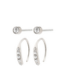 Silver hoop earrings with embedded crystals on a white background