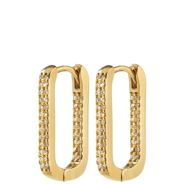 Gold hoop earrings with embedded diamonds on a white background