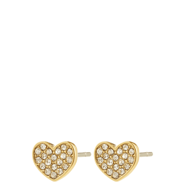 Gold heart-shaped earrings with embedded crystals on a white background