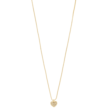 Gold necklace with a heart-shaped pendant on a white background