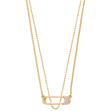 Gold necklace with a small pendant on a white background