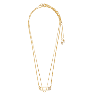 Gold necklace with a small pendant on a white background