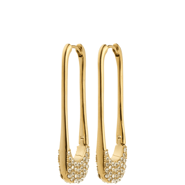 Gold hoop earrings with small crystals on a white background