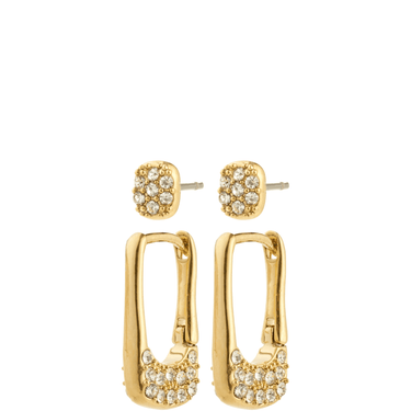 Gold hoop earrings with embedded stones on a white background