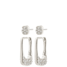 Set of silver earrings with clear stones on a white background