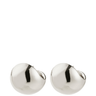 Pair of silver round earrings on a white background