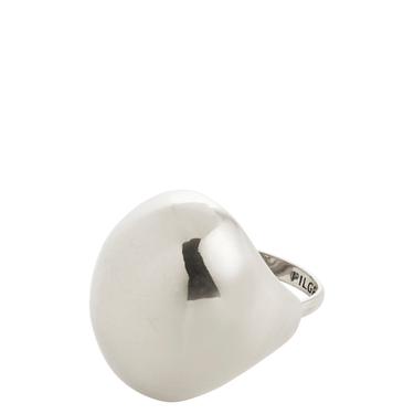 Silver ring with a large, round, silver ball on a white background
