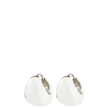 Pair of silver hoop earrings on a white background