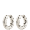 Pair of silver hoop earrings with star designs on a white background
