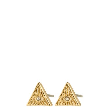 Gold triangle-shaped earrings on a white background
