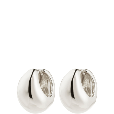 Pair of silver hoop earrings on a white background