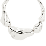 Silver necklace with a unique design on a white background
