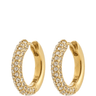 Gold hoop earrings with embedded crystals on a white background