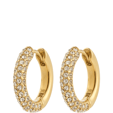 Gold hoop earrings with embedded crystals on a white background