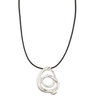 Silver pendant on a black cord against a white background
