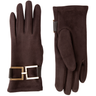 Pair of brown gloves with a gold buckle on a white background