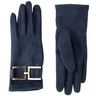 Navy blue gloves with a gold buckle on a white background
